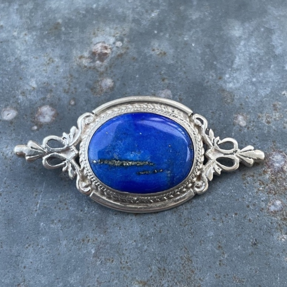Antique Lapis Lazuli and Sterling Silver Brooch w/ c-clasp